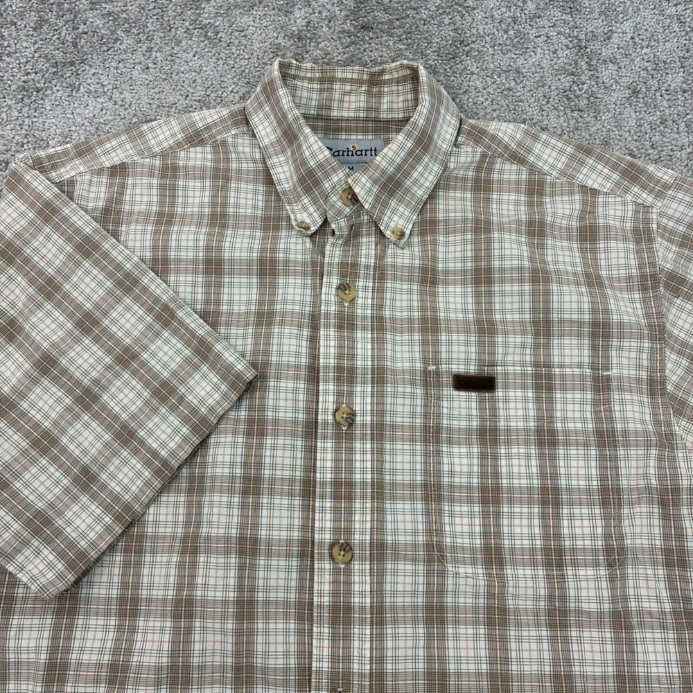 Carhartt Shirt Mens Medium Plaid Tan Button Down Short Sleeve